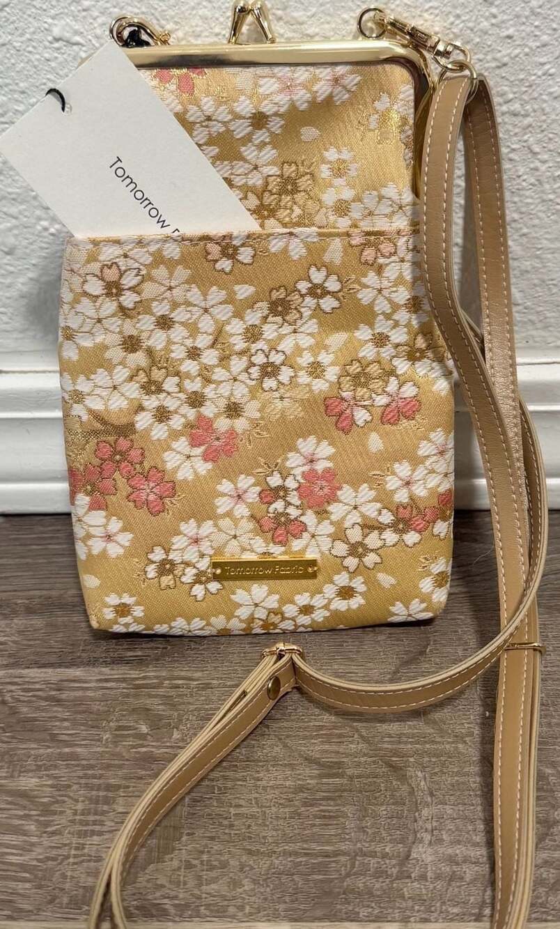 Tomorrow Fabric Crossbody Bag Gold Cherry Blossom Floral Kiss Lock Purse